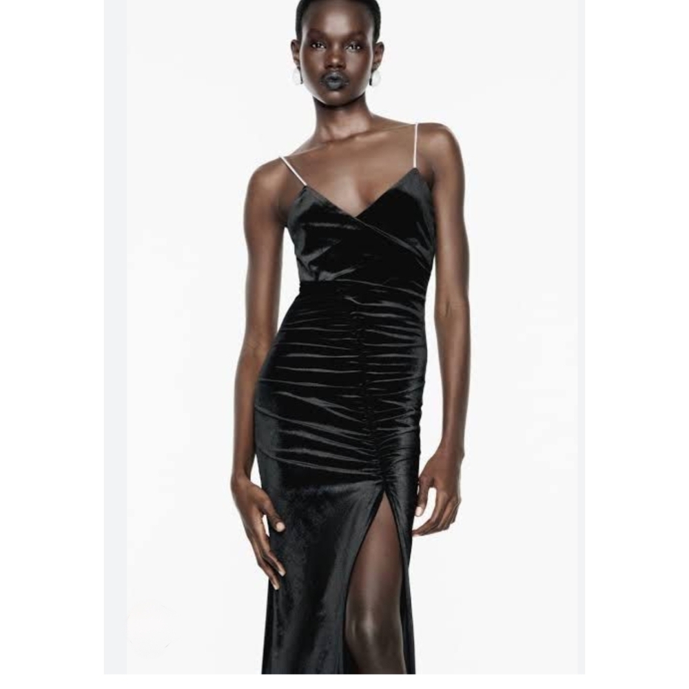 ZARA Black Velvet Midi Dress W/ RHINESTONE STRAPS